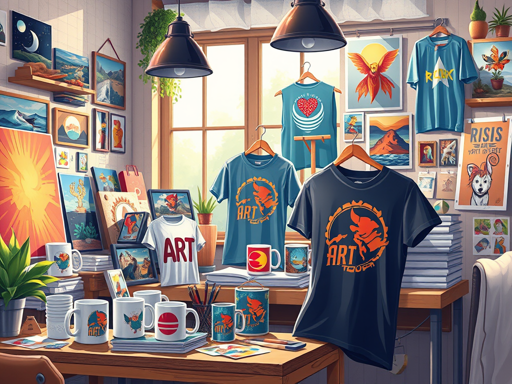 Colorful art merchandise fills a studio, with printed T-shirts, mugs, framed artwork, and design supplies on display.