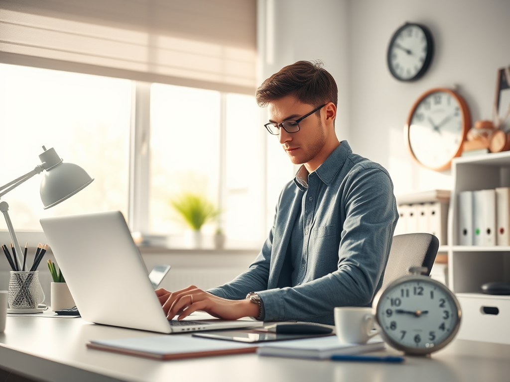 A focused professional works on a laptop at a bright desk, with notebooks, a lamp, clocks, and office folders nearby.