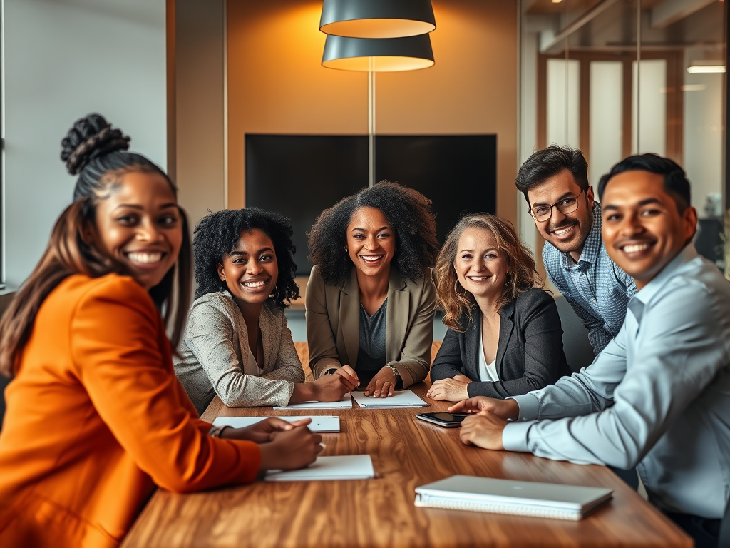 A diverse team of six professionals smiles around a wooden conference table in a warmly lit office.