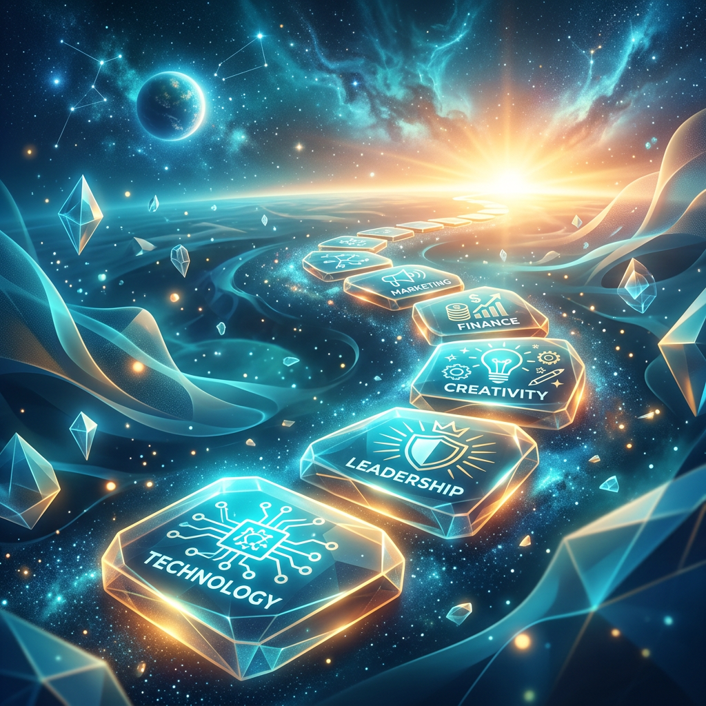 Cosmic pathway labeled TECHNOLOGY, LEADERSHIP, CREATIVITY, FINANCE, and MARKETING