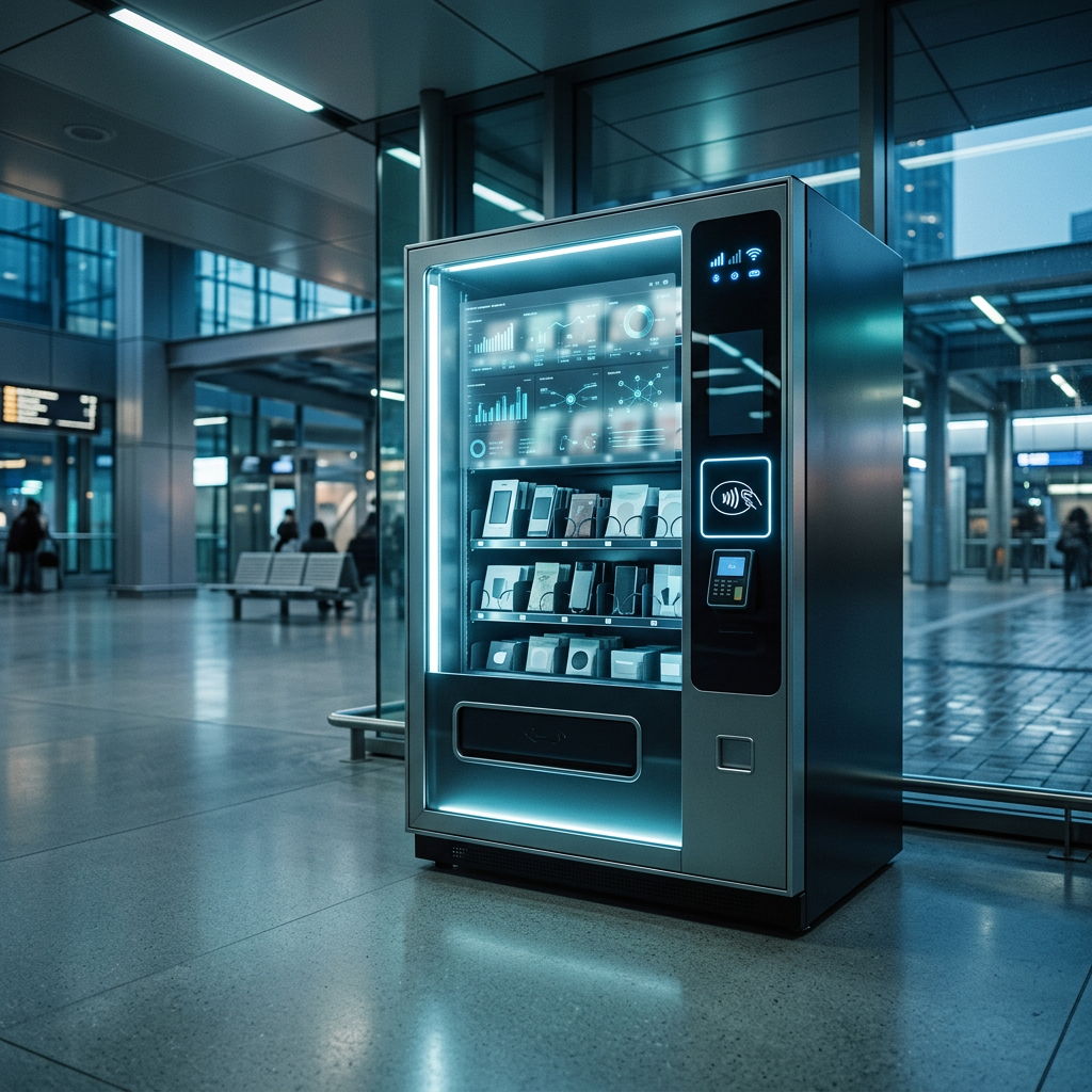 Smart vending kiosk stocked with travel essentials in an airport terminal