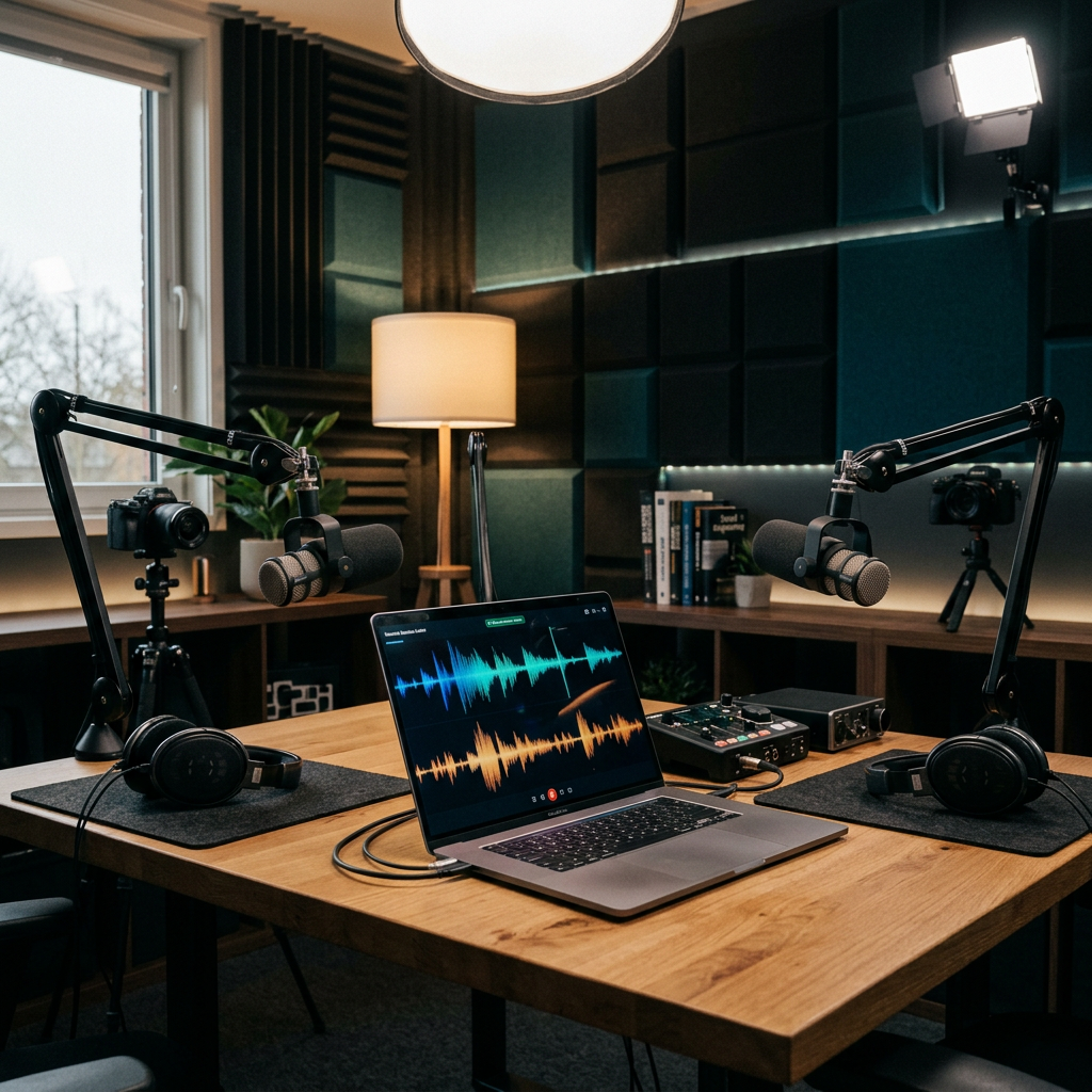 Podcast studio with two microphones, headphones, cameras, and audio waveforms on a laptop