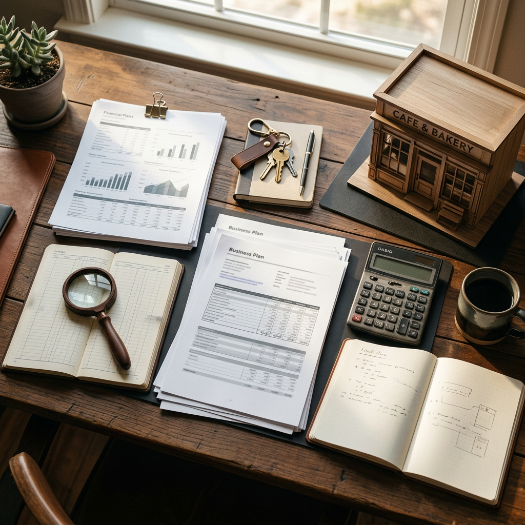 Business plans and financial charts beside a café model, calculator, notebook, and coffee