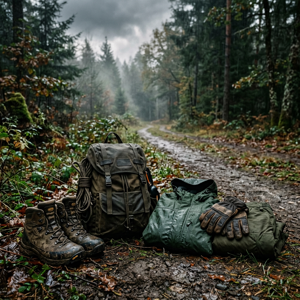Hiking boots, backpack, rain jacket, gloves, and gear beside a muddy forest trail