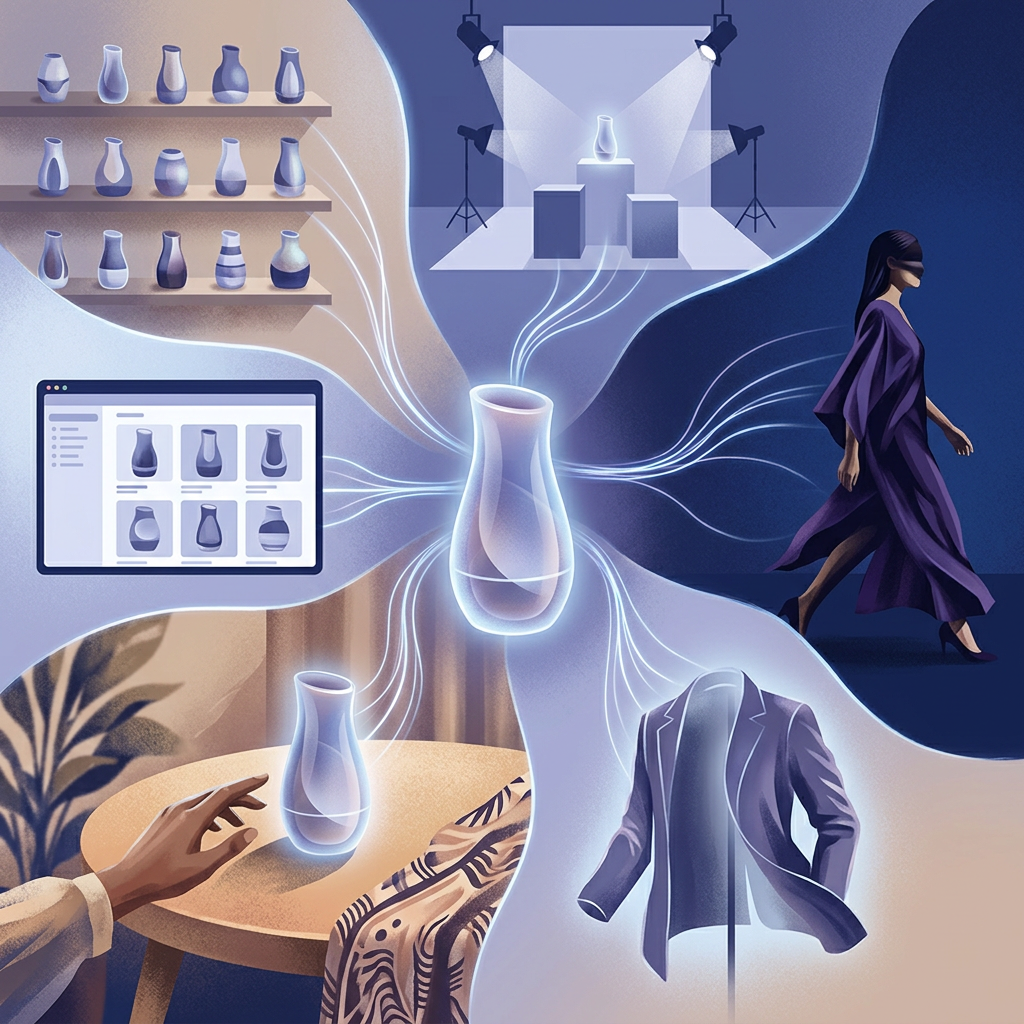 Illustration of a glowing vase linking shelves, studio, online store, and fashion design