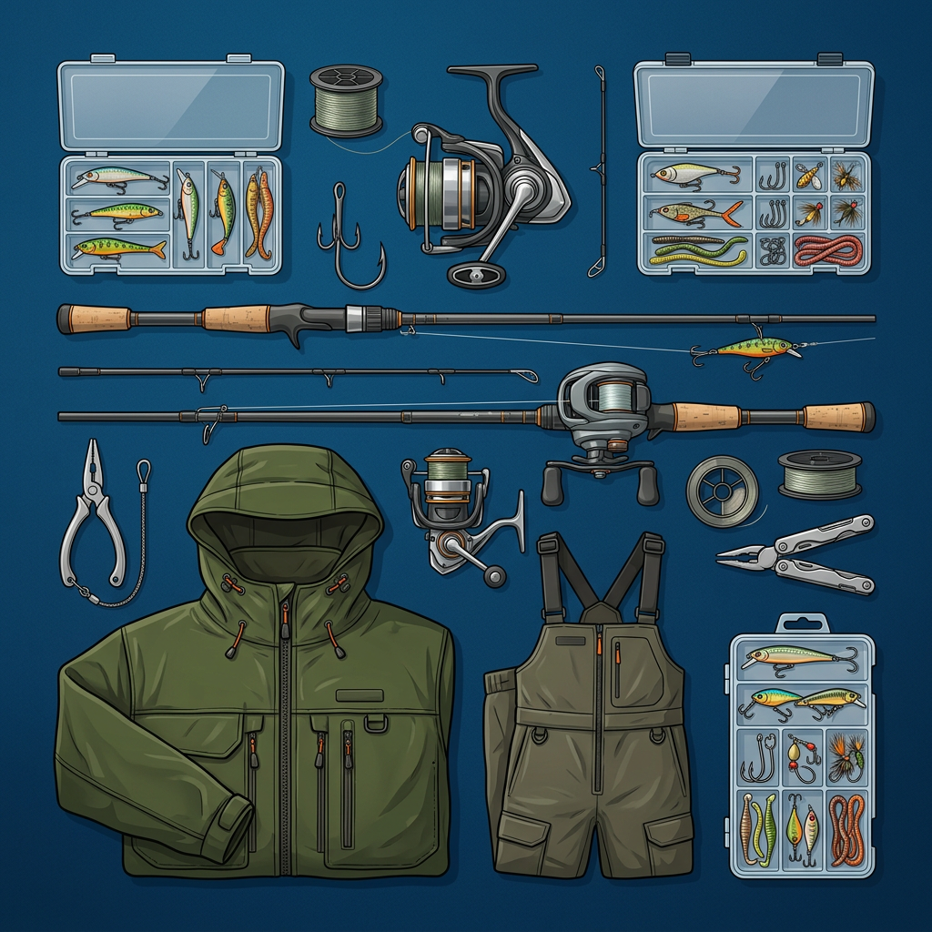 Illustrated fishing equipment including rods, reels, lures, tackle boxes, pliers, jacket, and waders
