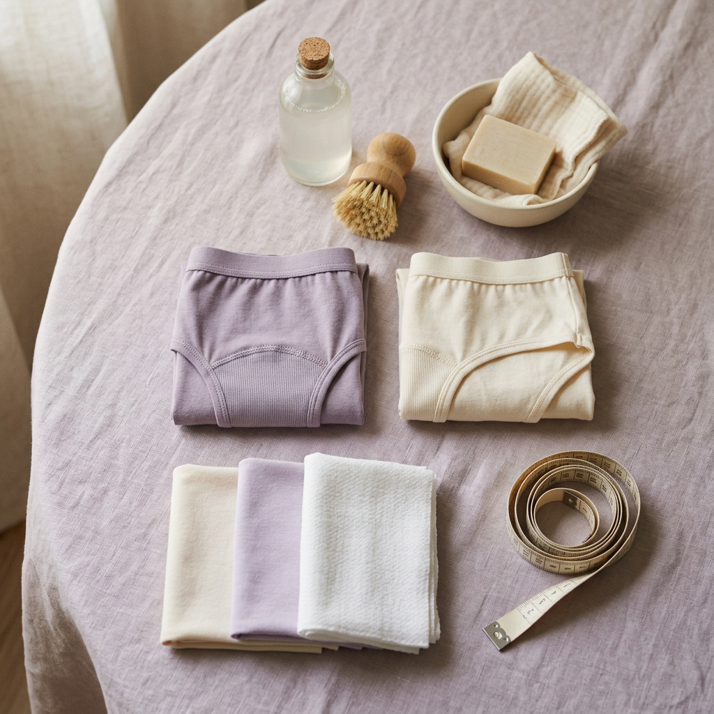 Folded underwear, fabric swatches, soap, brush, bottle, and measuring tape