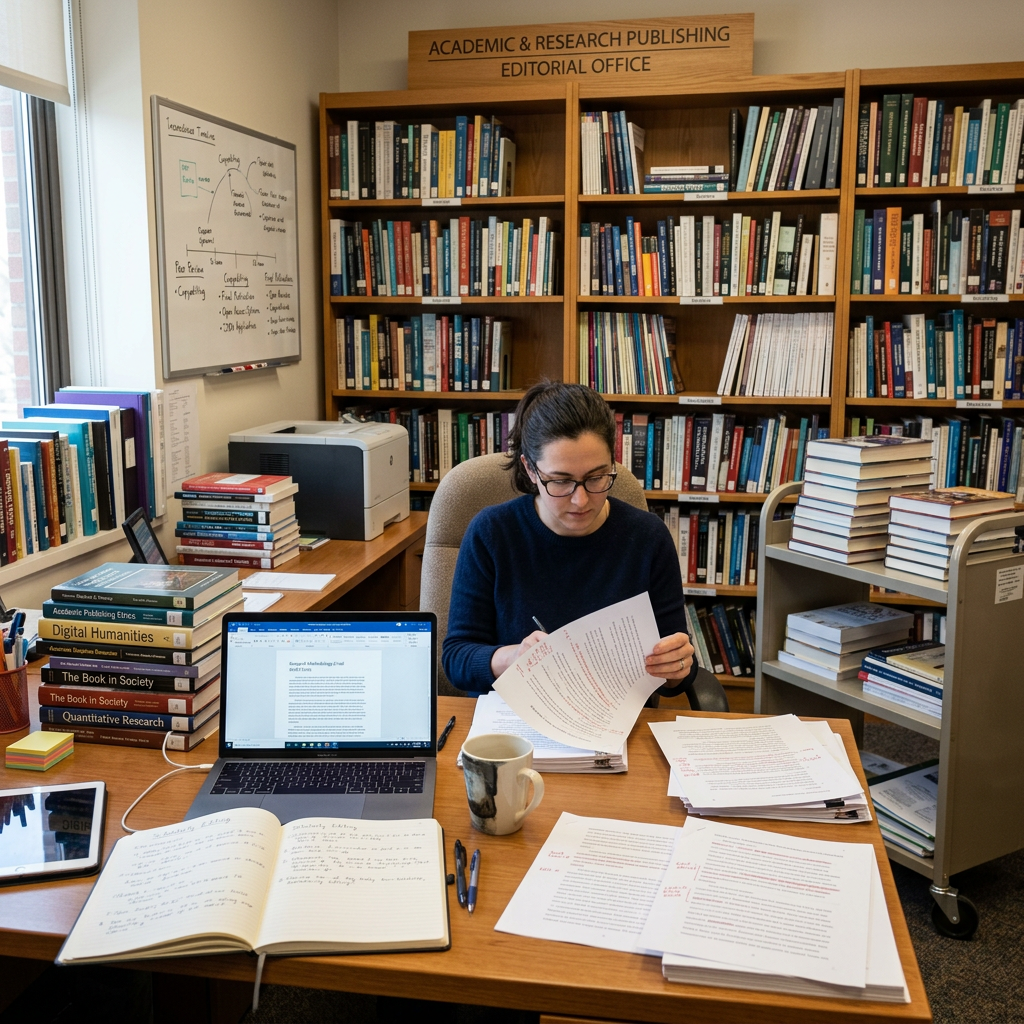 Editor reviewing papers at a desk in an academic publishing office