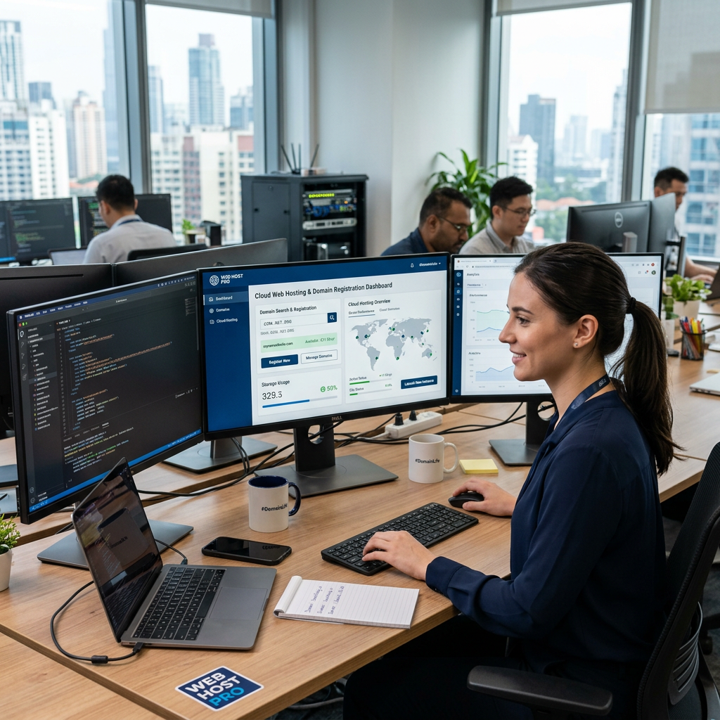 Woman monitoring web hosting dashboards at a multi-screen workstation