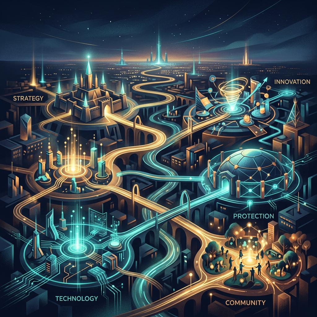 Futuristic city diagram labeled STRATEGY, INNOVATION, PROTECTION, TECHNOLOGY, and COMMUNITY