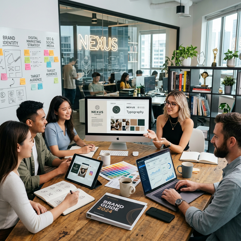 Marketing team collaborating on Nexus brand identity and strategy