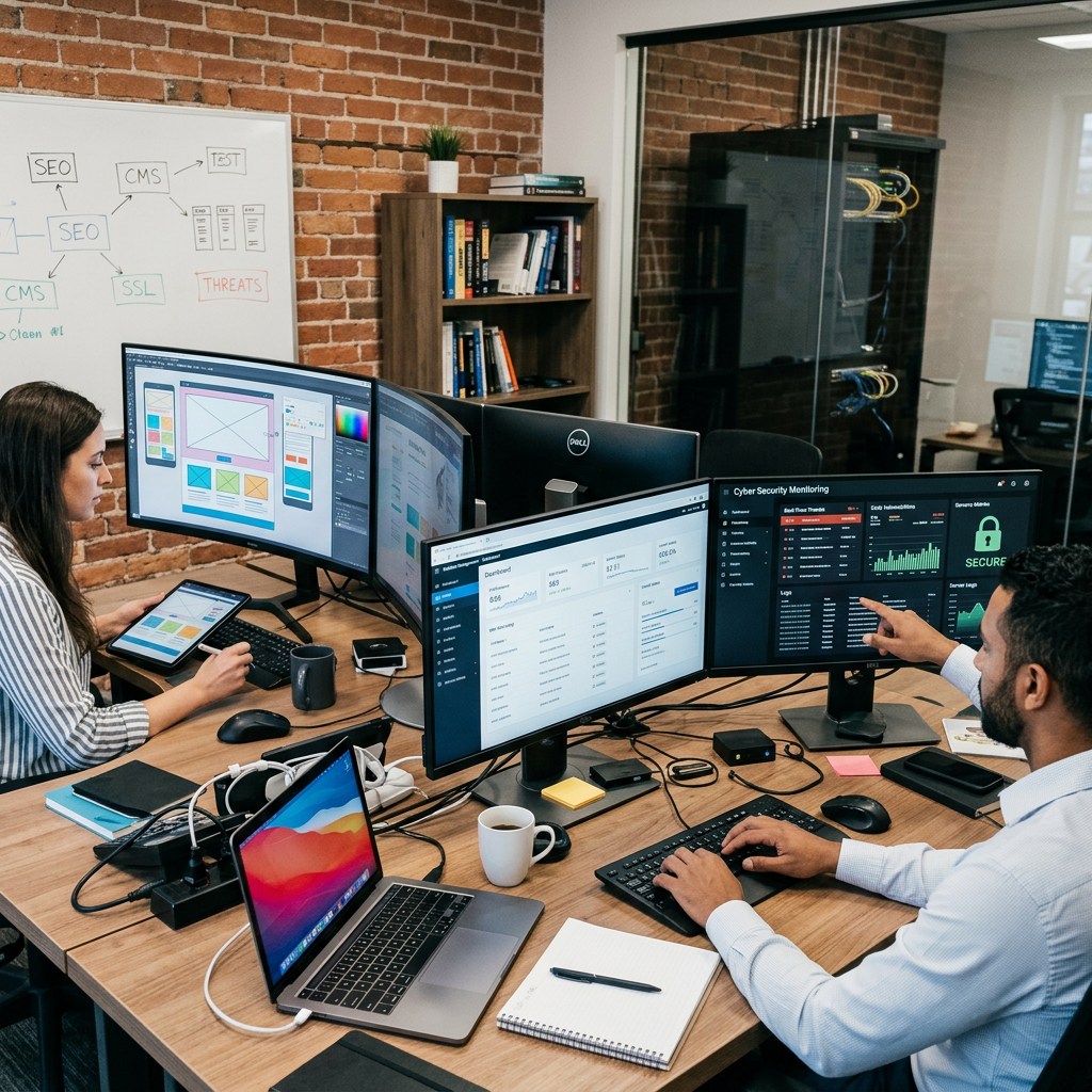 Two coworkers working at computers displaying design and cybersecurity dashboards