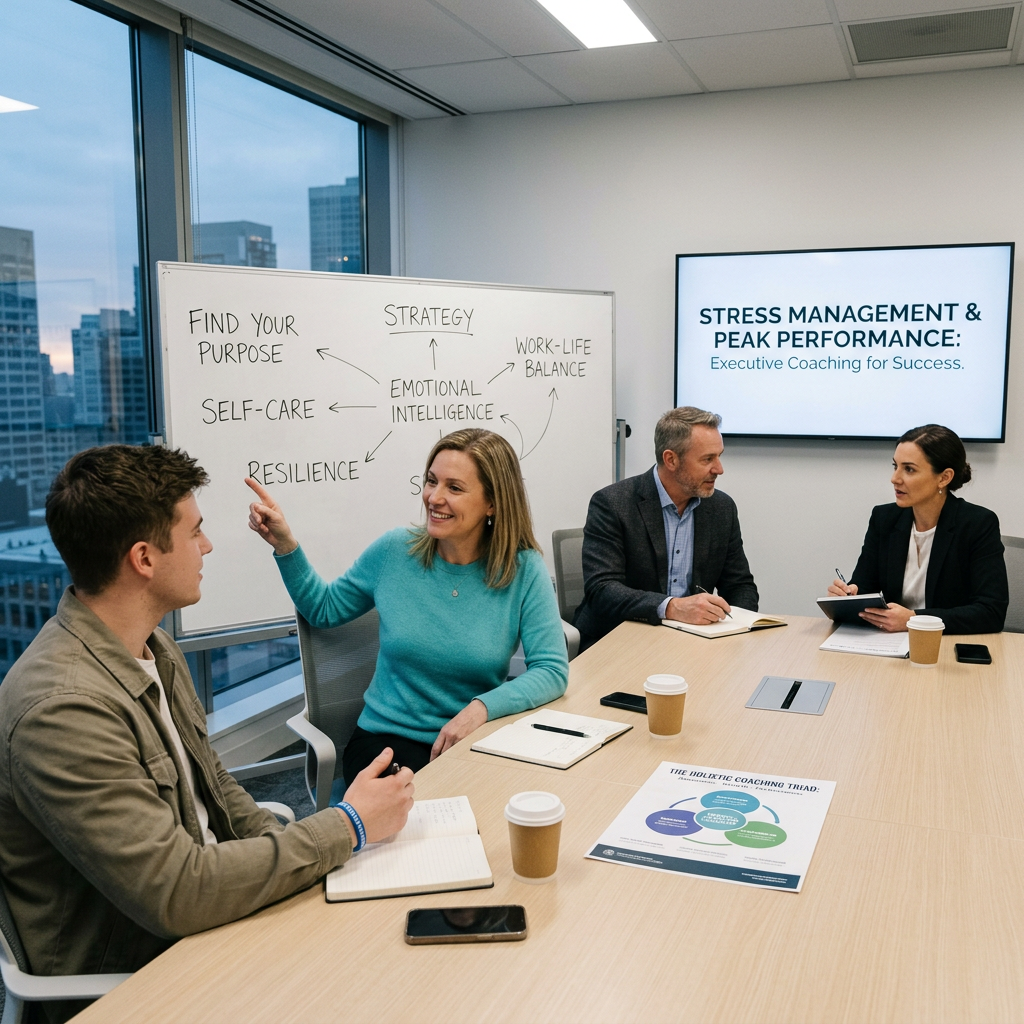 Executive coaching session with four professionals discussing stress management and peak performance