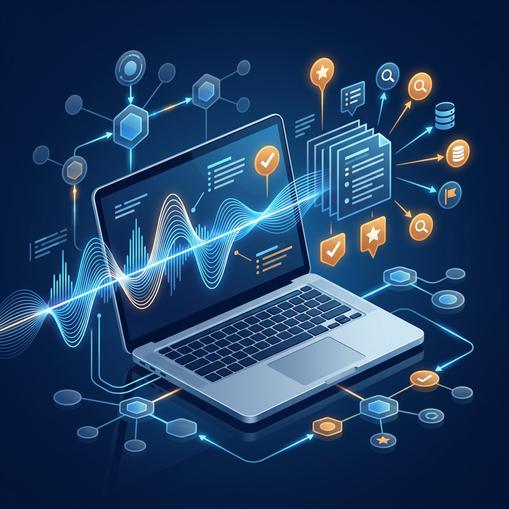 Laptop displaying data waves and charts connected to digital documents and network icons