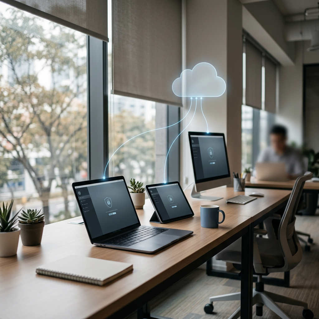 Cloud security icon connecting three devices in a modern office
