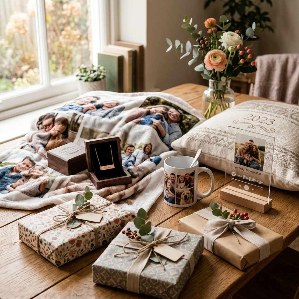 Personalized gifts, photo blanket, 2023 pillow, bouquet, mug, and keepsakes