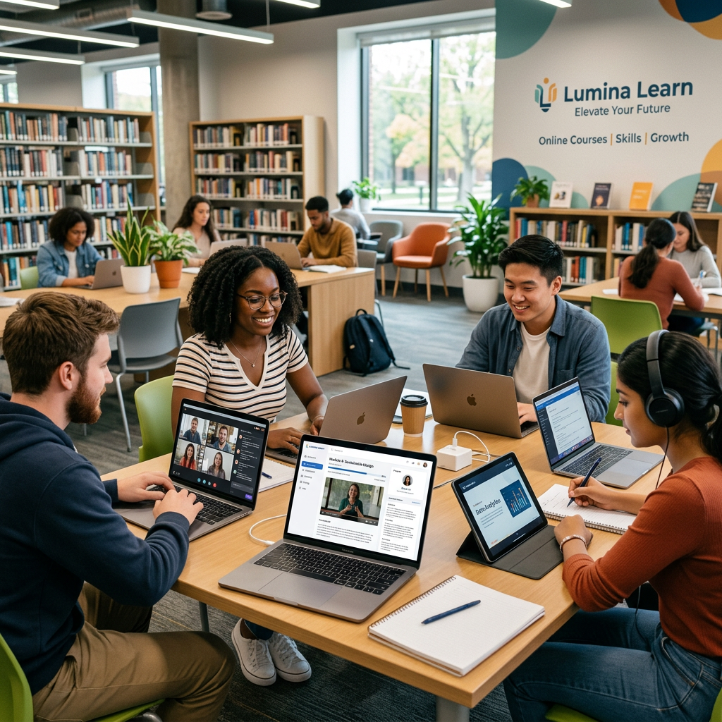 Lumina Learn—Elevate Your Future; Online Courses | Skills | Growth, with students studying online