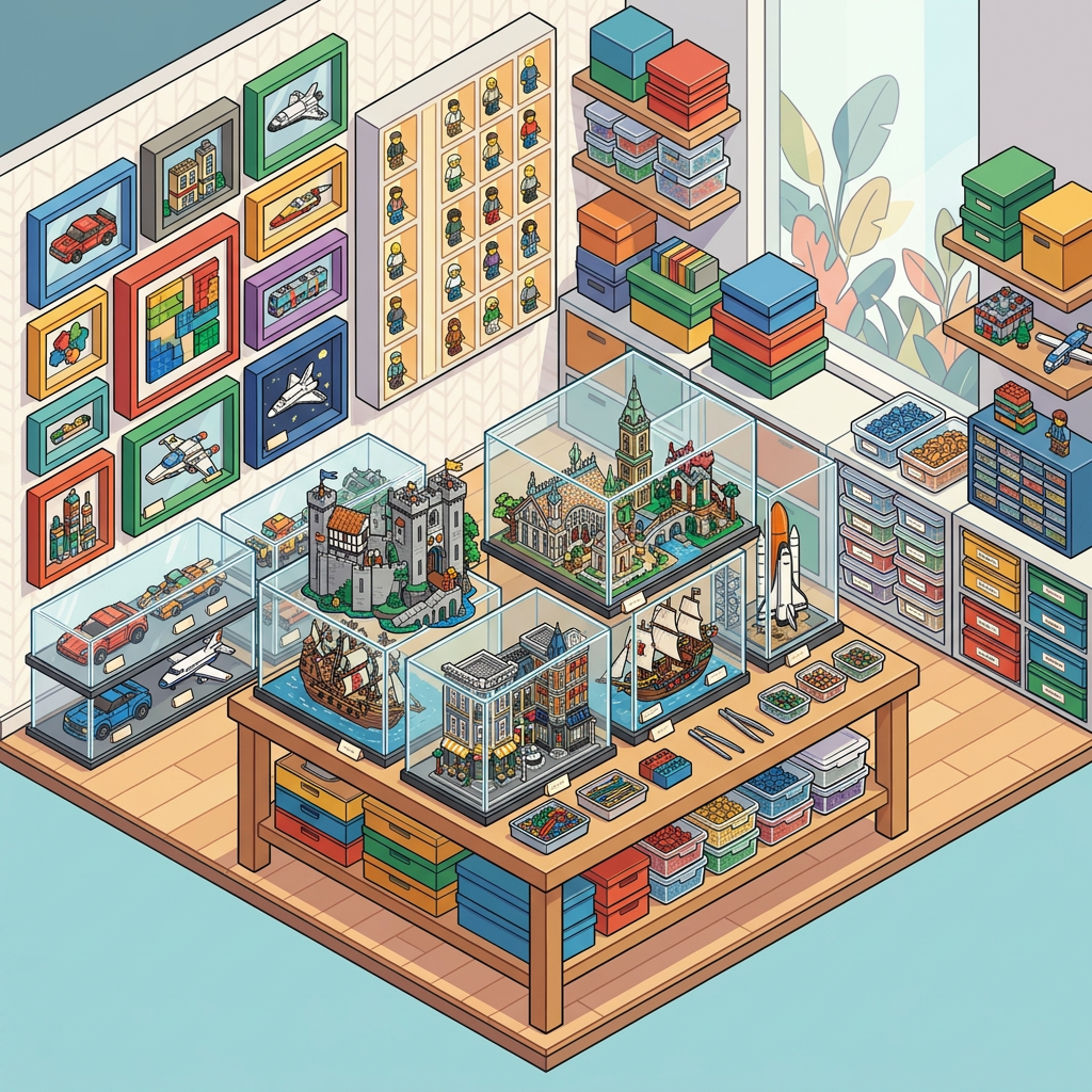 Museum display room with miniature landmarks, vehicles, artwork, and organized artifacts
