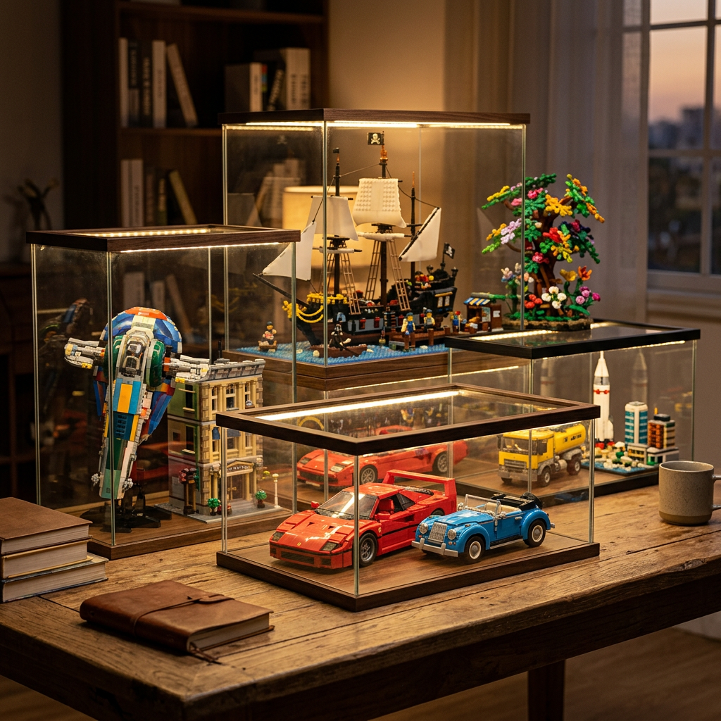 Glass display cases filled with colorful brick-built vehicles, spacecraft, ship, and tree