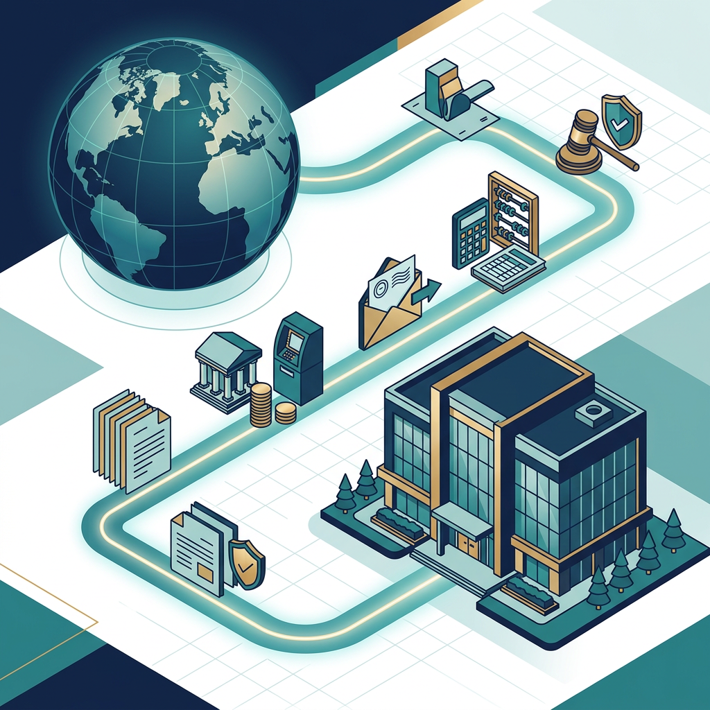 Isometric journey from globe to U.S. office